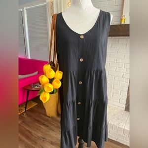 Linen Blend Sleeveless Tiered Black Dress large